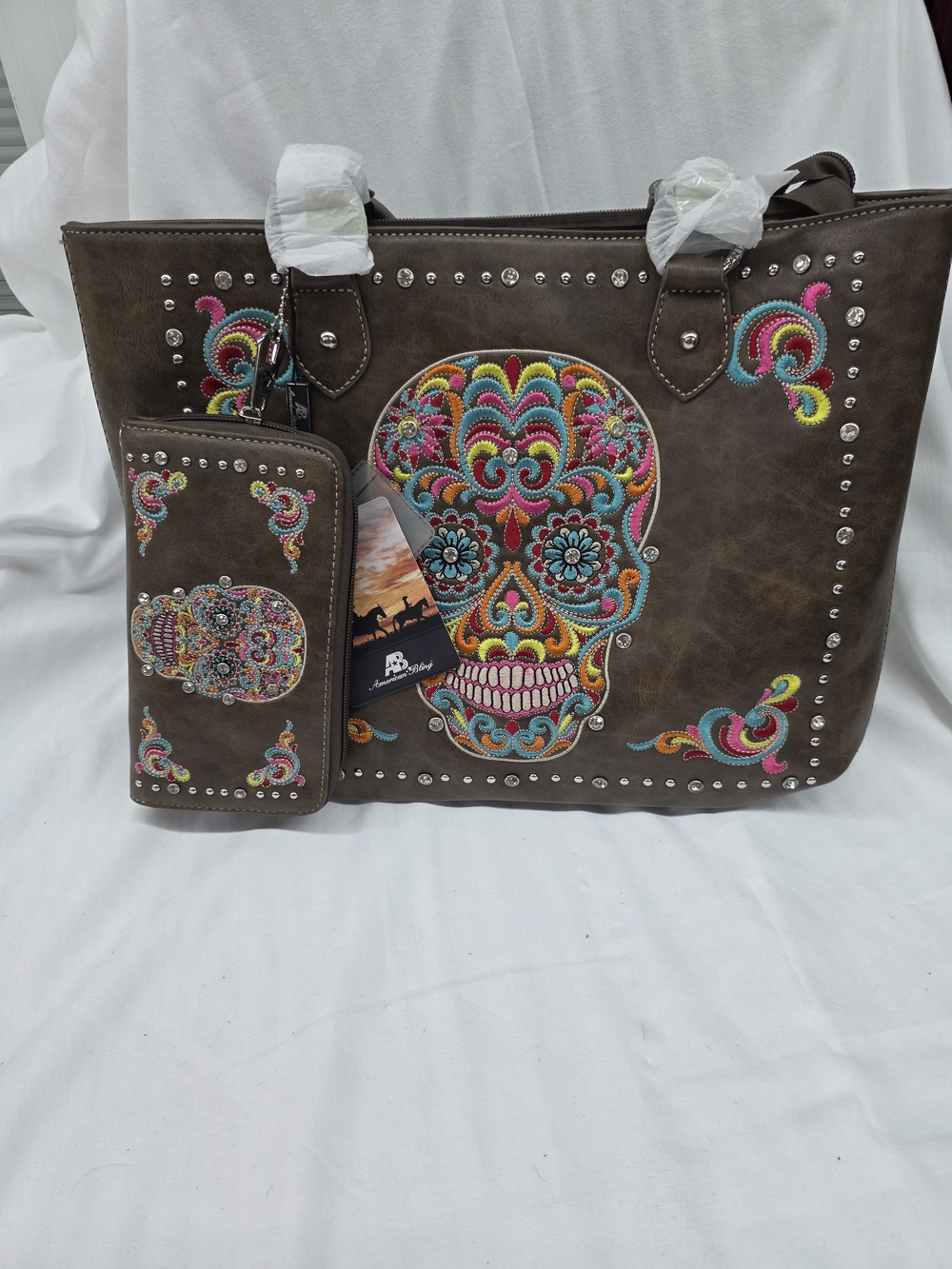 Brown Embroidered Sugar Skull Tote with Matching Wallet